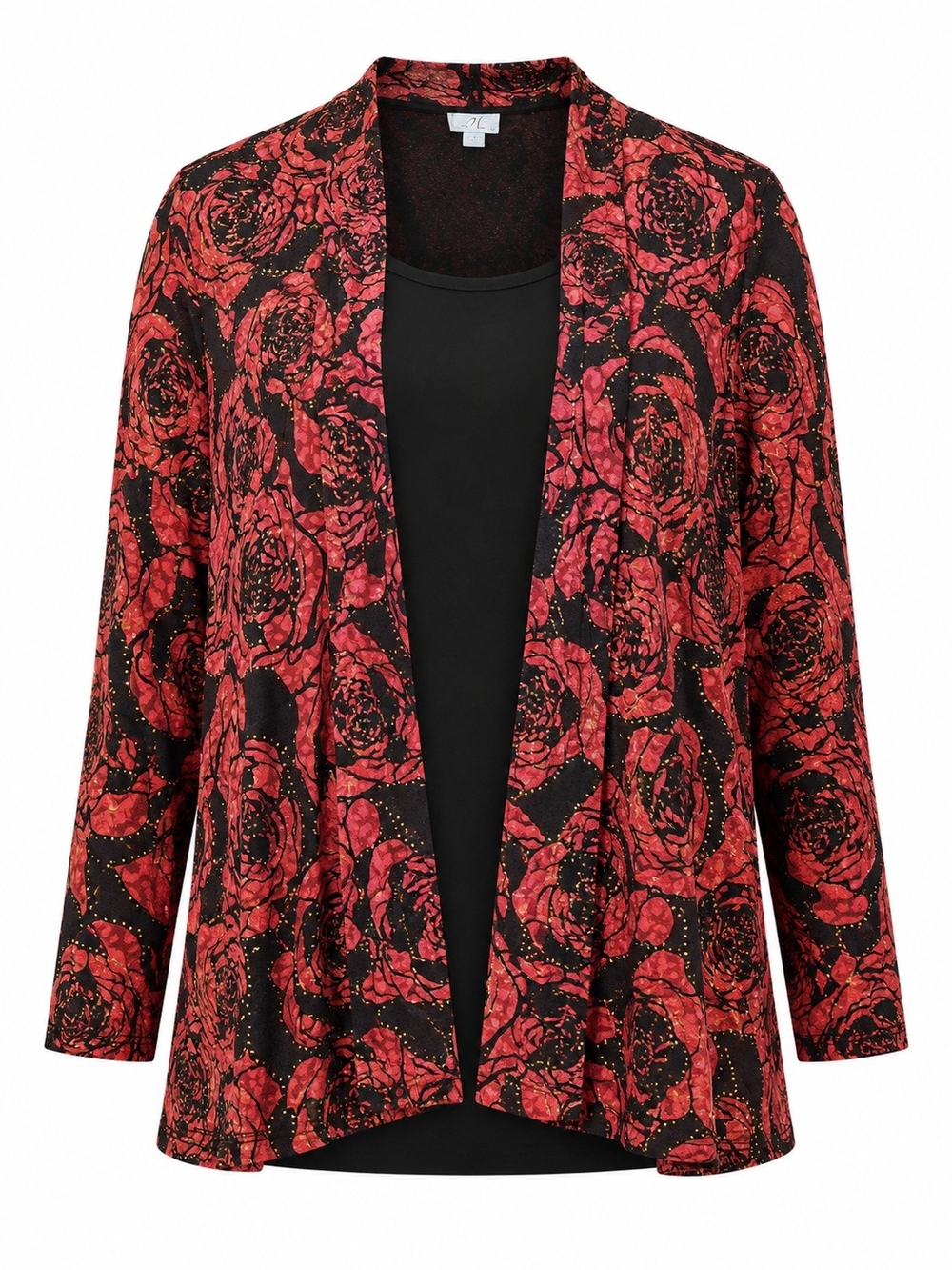 JM COLLECTION | Black Red Rose Floral Layered Cardigan Top Gold Accent | 1X